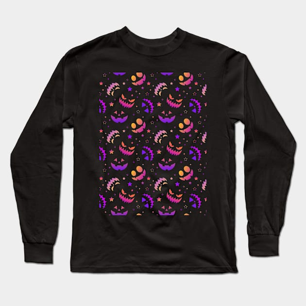 Halloween neon pumpkin faces pattern Long Sleeve T-Shirt by Saya Raven